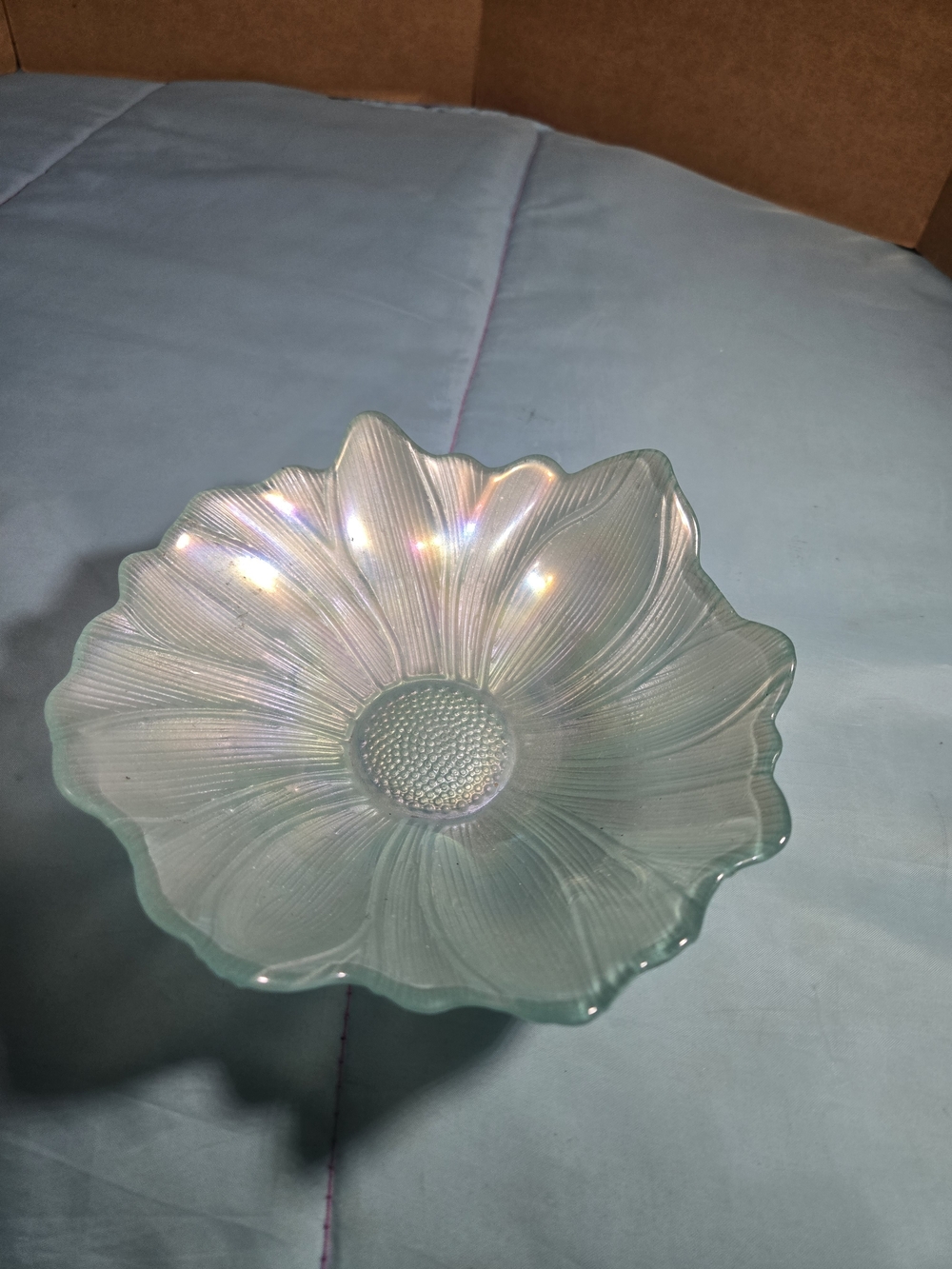 Pale Blue Floral Art Glass Bowl Turkish Akcam Iridescent Gorgeous Shimmery